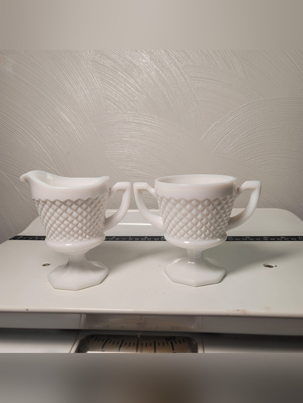 Vintage Westmoreland Milk Glass Hobnail Pedestal And Hexagon Cream And Sugar